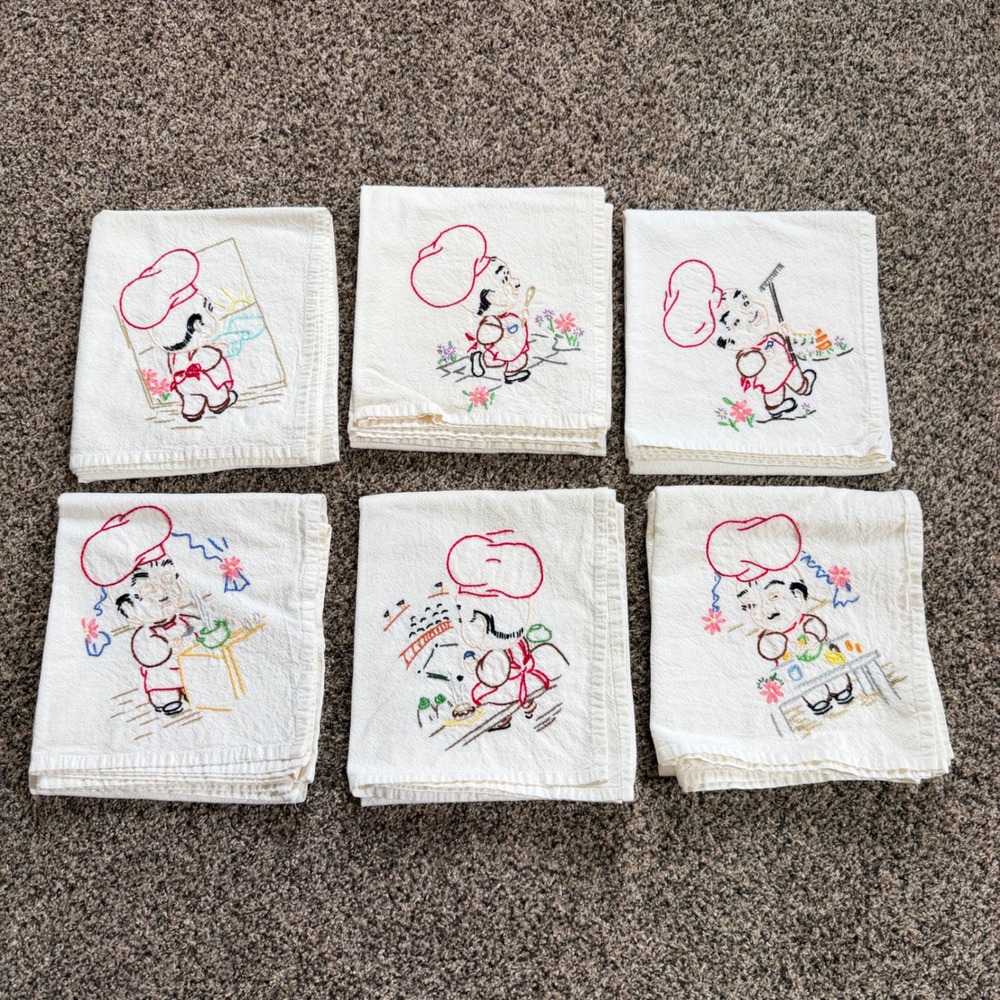 Handmade Embroidered Chef Kitchen Towels Set 6 Cream Kitschy Cotton NEW